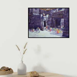 Rahul Salve's 'One Fine Day At The Ellora Caves Ii (Passage to Divinity)' painting visualized above a sofa in a contemporary room.