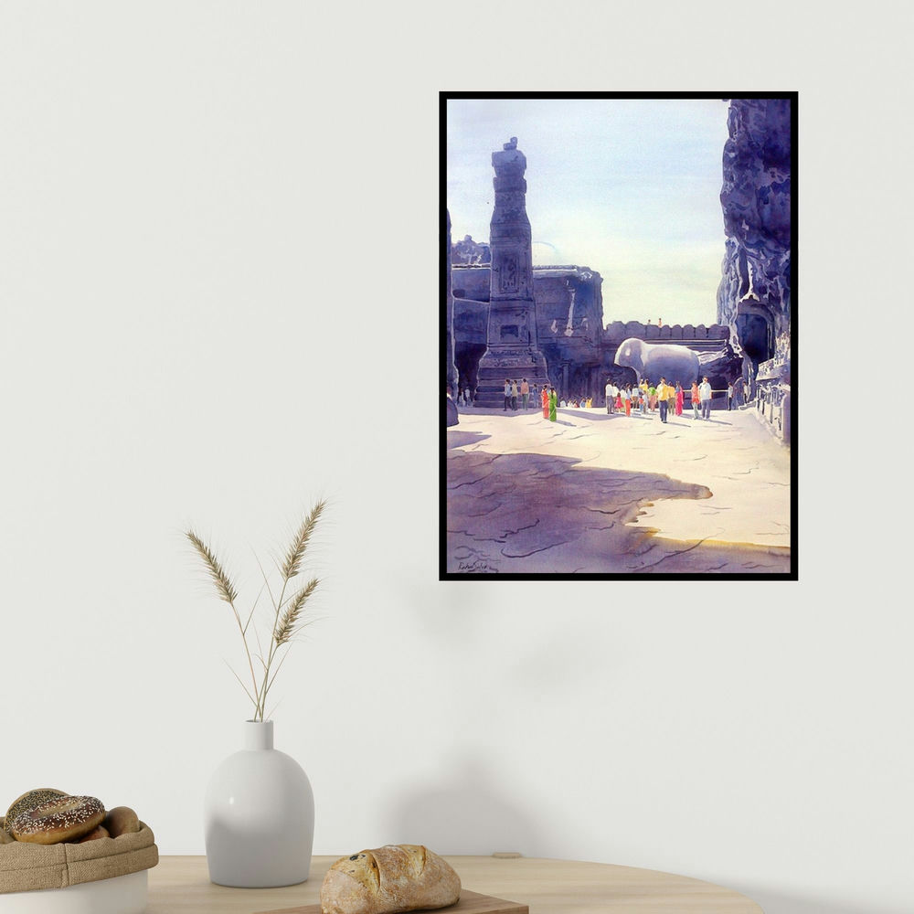 Rahul Salve's 'One Fine Day At The Ellora Caves Iii (Passage Through Time)' painting visualized above a sofa in a contemporary room.