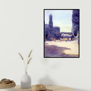 Rahul Salve's 'One Fine Day At The Ellora Caves Iii (Passage Through Time)' painting visualized above a sofa in a contemporary room.