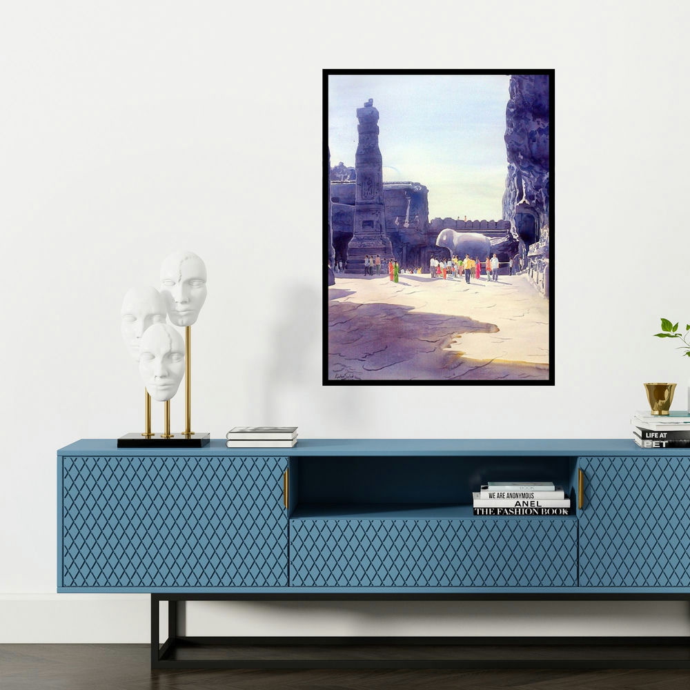 'One Fine Day At The Ellora Caves Iii (Passage Through Time)' painting by Rahul Salve shown on a wall in a furnished room.