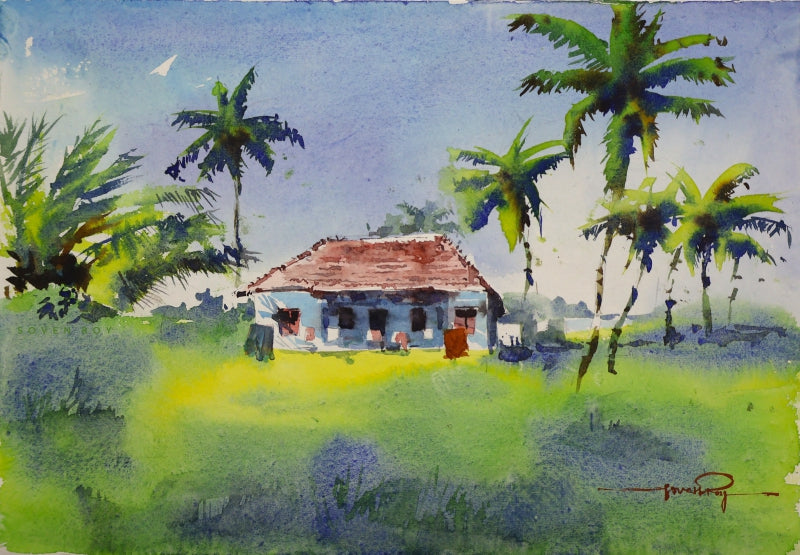 One Fine Morning' landscape watercolor painting by artist Soven Roy, 10x14 inch, on paper