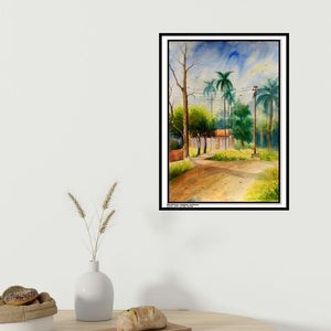 Biki Das's 'One Of House And 1 Tarning Road' painting visualized above a sofa in a contemporary room.