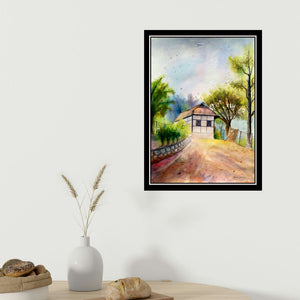 Biki Das's 'One Of House Hill Area (Countryside Harmony: A Rural Abode)' painting visualized above a sofa in a contemporary room.