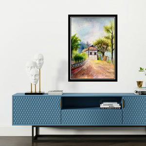 'One Of House Hill Area (Countryside Harmony: A Rural Abode)' painting by Biki Das shown on a wall in a furnished room.