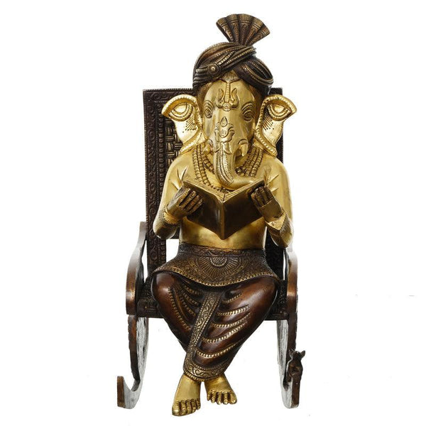 One Lord Ganesha Reading Book And Sitting On Rocking Chair Handicraft by Brass Handicrafts | ArtZolo.com