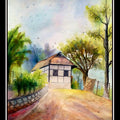 Landscape watercolor painting titled 'One of house hill Area', 30x22 inches, by artist Biki Das on Handmade Paper