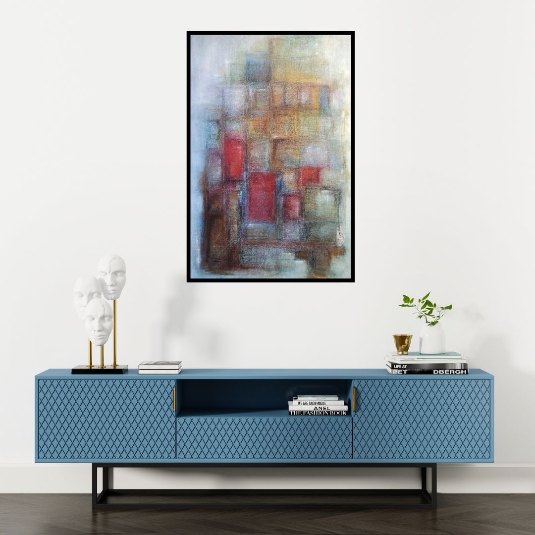 Preview of 'One Rainy Secret' Painting by Sanjay Akolikar shown on a wall in a furnished room.