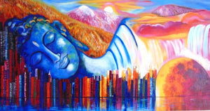 Oneness (Dreams of Enlightenment) by Purnima Gupta, Original Acrylic Religious Painting on Canvas, Large Horizontal Wall Art