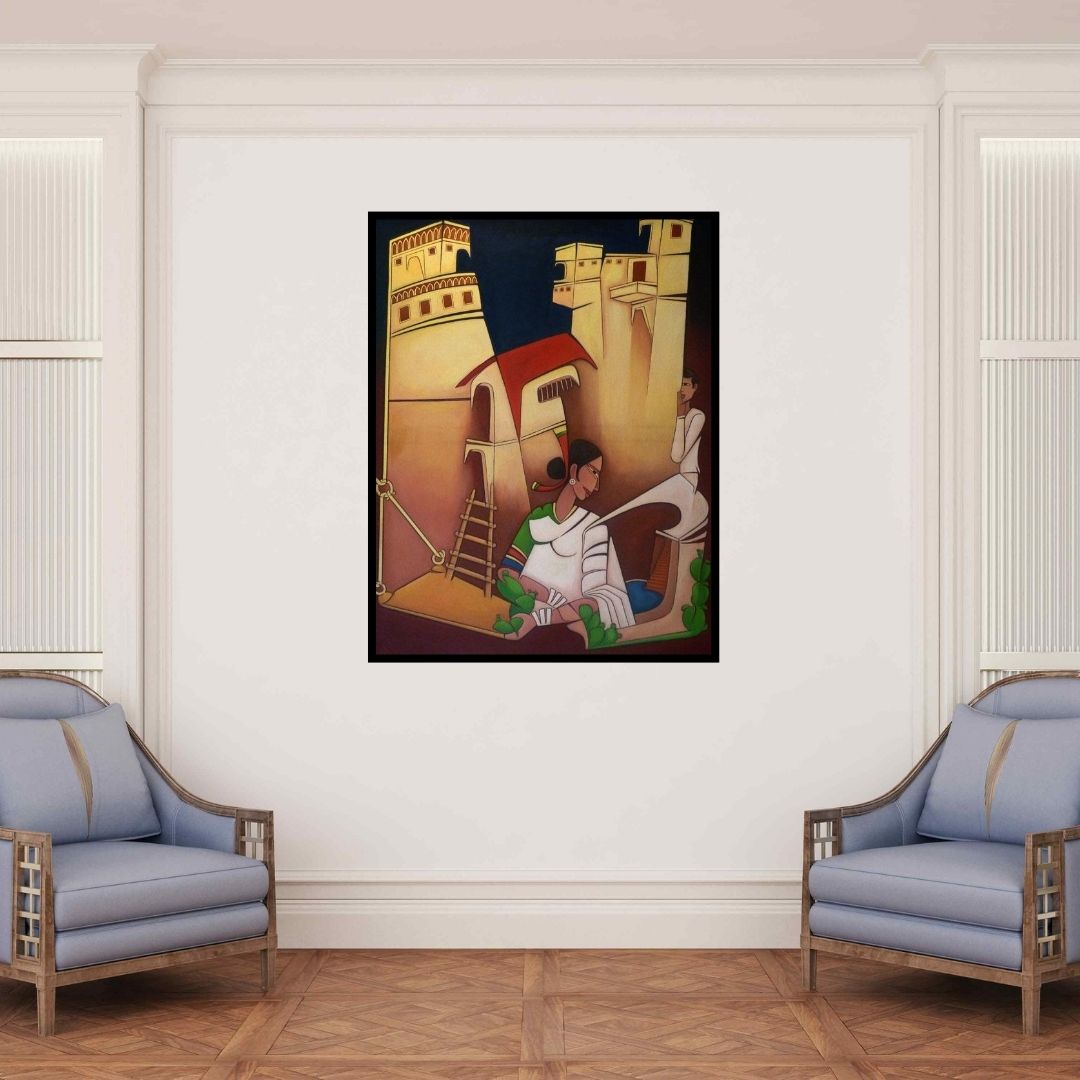 In-situ view of Pasabhai Makwana's 'Onlooker' painting in a room