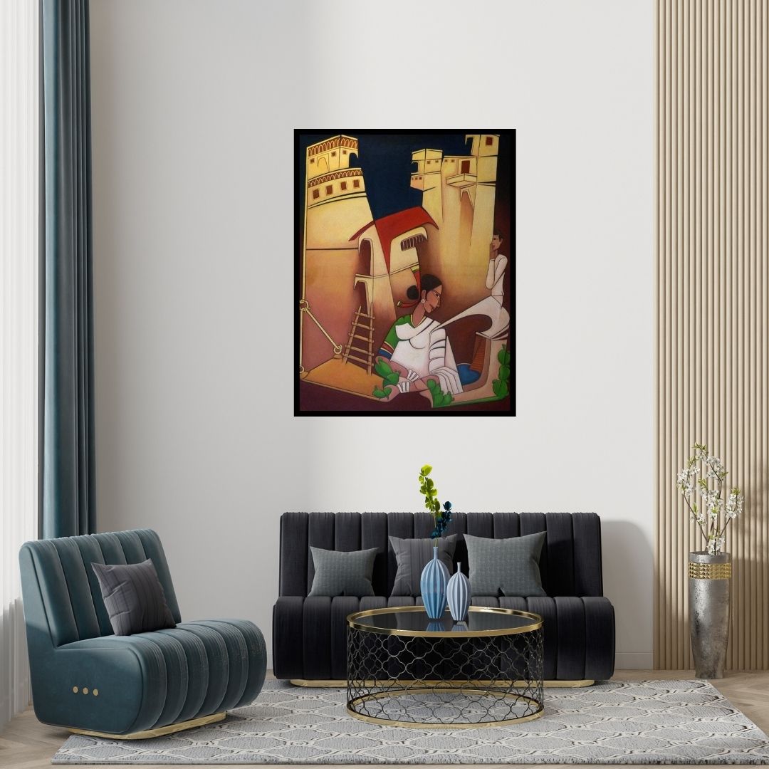 Preview of 'Onlooker' Painting by Pasabhai Makwana shown on a wall in a furnished room.