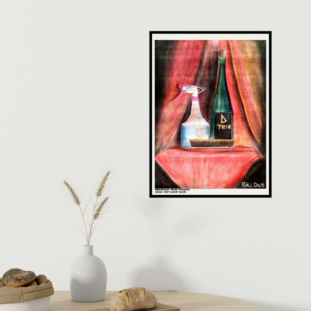 Biki Das's 'Only 3 Product (Everyday Objects: A Still Life in Soft Pastels)' painting visualized above a sofa in a contemporary room.