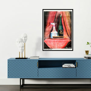 'Only 3 Product (Everyday Objects: A Still Life in Soft Pastels)' painting by Biki Das shown on a wall in a furnished room.