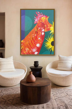 Orange And Yellow (Orange Hen and Sunflowers) by artist Abhiram Bairu displayed in a Contemporary Exhibition gallery