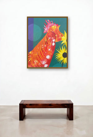 Orange And Yellow (Orange Hen and Sunflowers) by artist Abhiram Bairu displayed in a Art Deco Hotel Suite
