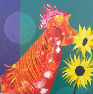 Orange And Yellow (Orange Hen and Sunflowers) by Abhiram Bairu, Original Acrylic Religious Painting on Canvas, X-Small Square Wall Art
