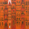 Cityscape acrylic painting titled 'Orange City', 36x30 inches, by artist Suresh Gulage on Canvas