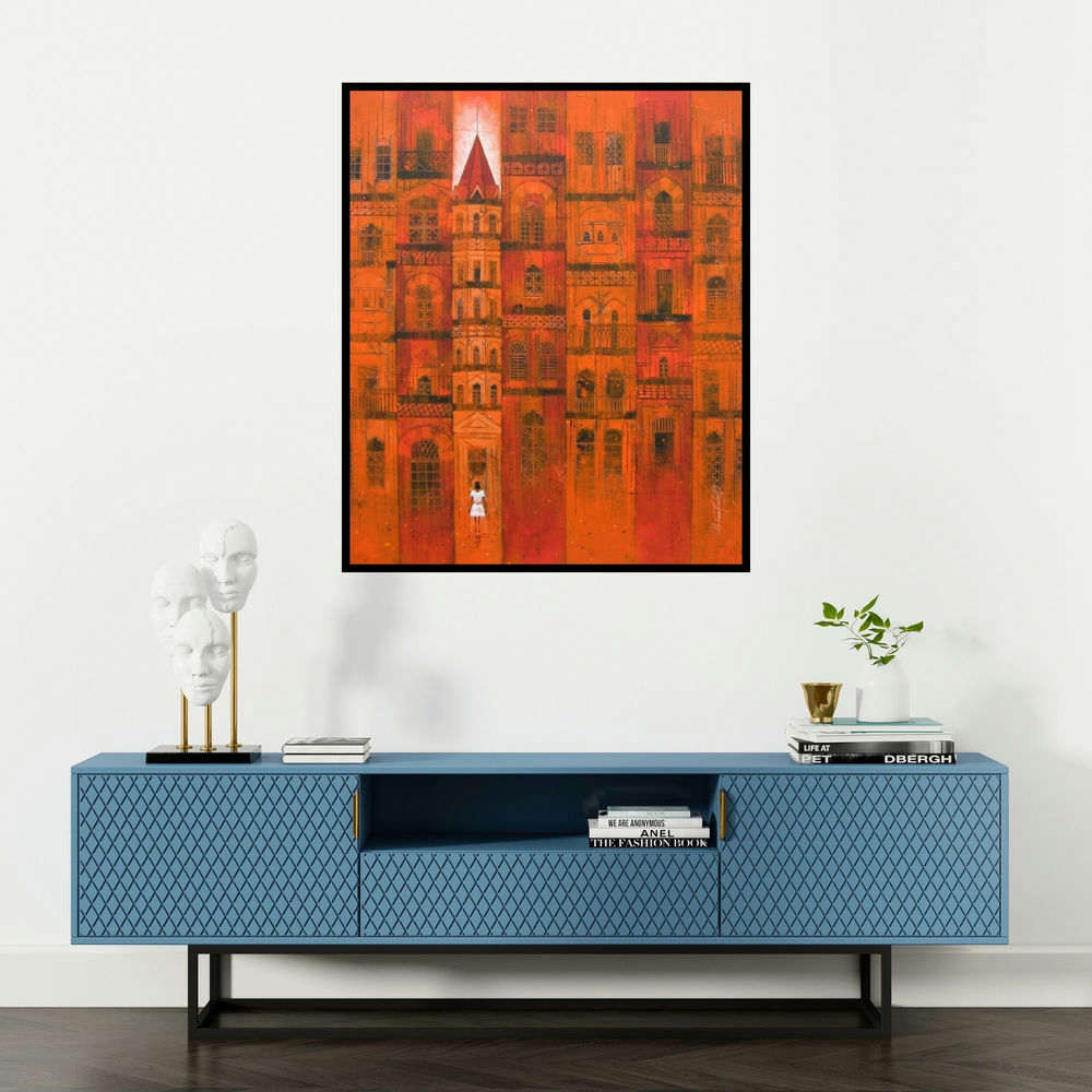 Suresh Gulage's 'Orange City (Lost in the City)' painting visualized above a sofa in a contemporary room.
