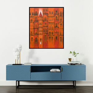 Suresh Gulage's 'Orange City (Lost in the City)' painting visualized above a sofa in a contemporary room.
