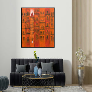 'Orange City (Lost in the City)' painting by Suresh Gulage shown on a wall in a furnished room.