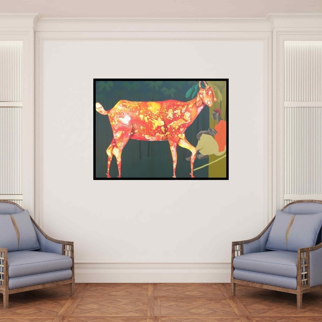 In-situ view of Abhiram Bairu's 'Orange Goat' painting in a room