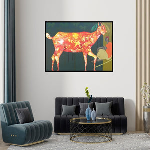 Preview of 'Orange Goat' Painting by Abhiram Bairu shown on a wall in a furnished room.