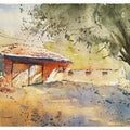 Landscape watercolor painting titled 'Orange Hut', 20x14 inches, by artist Soven Roy on Handmade paper