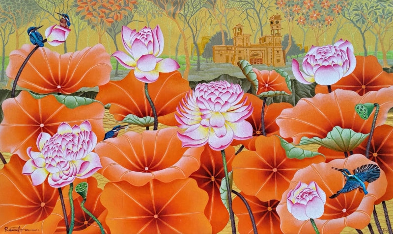 Orange Lotus With Kingfisher' nature acrylic painting by artist Ramu Das, 36x60 inch, on canvas