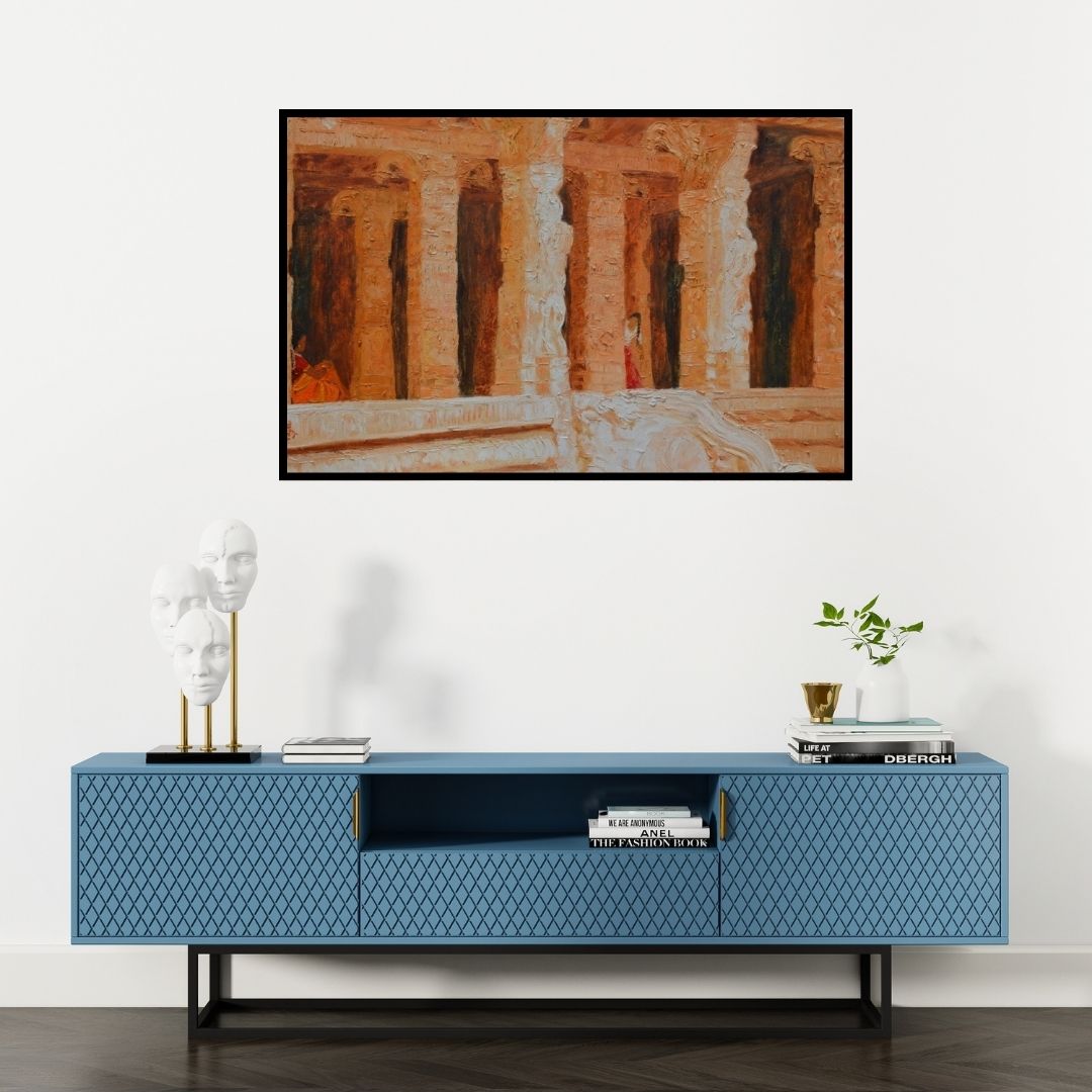 Preview of 'Orange Temple' Painting by Jaya Javeri shown on a wall in a furnished room.