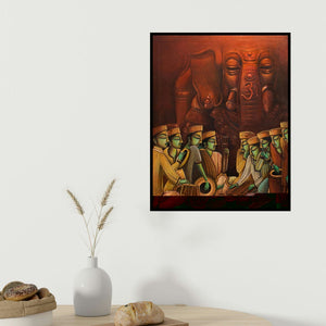 Sumon Naskar's 'Orchestra 2 (Musicians with Ganesha)' painting visualized above a sofa in a contemporary room.