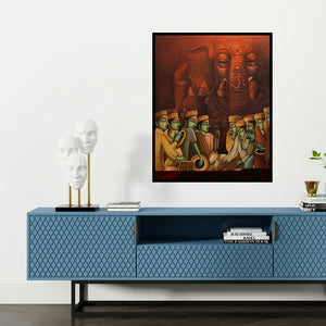 'Orchestra 2 (Musicians with Ganesha)' painting by Sumon Naskar shown on a wall in a furnished room.