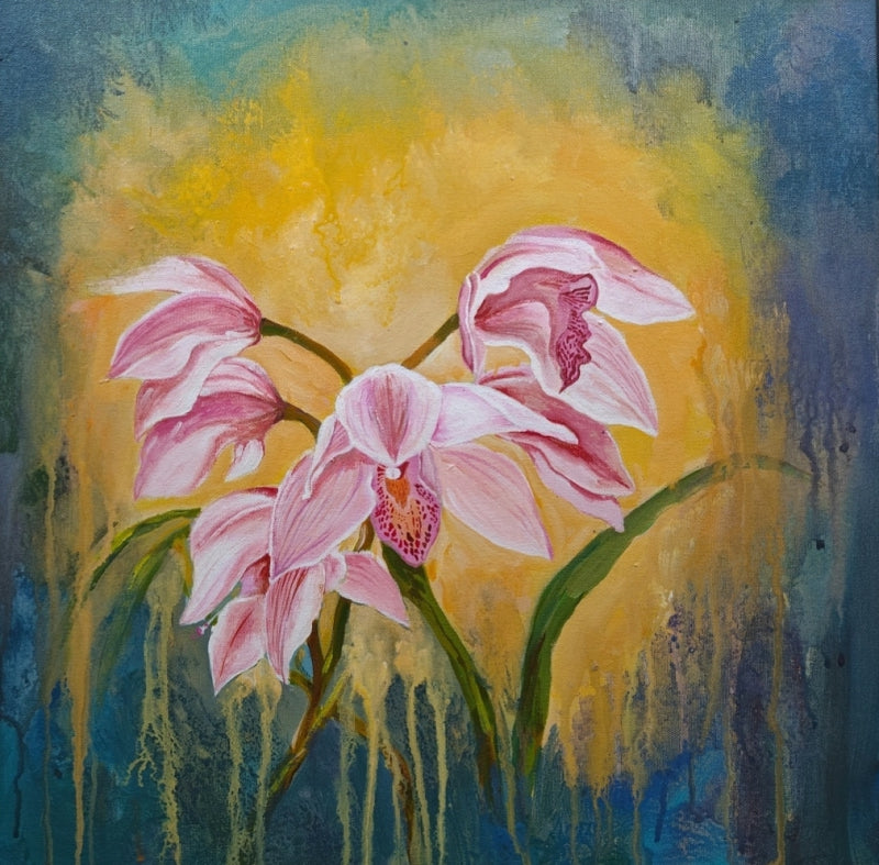 'Orchids' nature acrylic painting by artist Anumitra Basu Mandal, 20x20 inch, on canvas