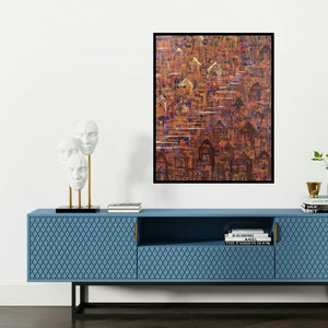 'On The Other Side 1' painting by Karishma Wadhwa shown on a wall in a furnished room.