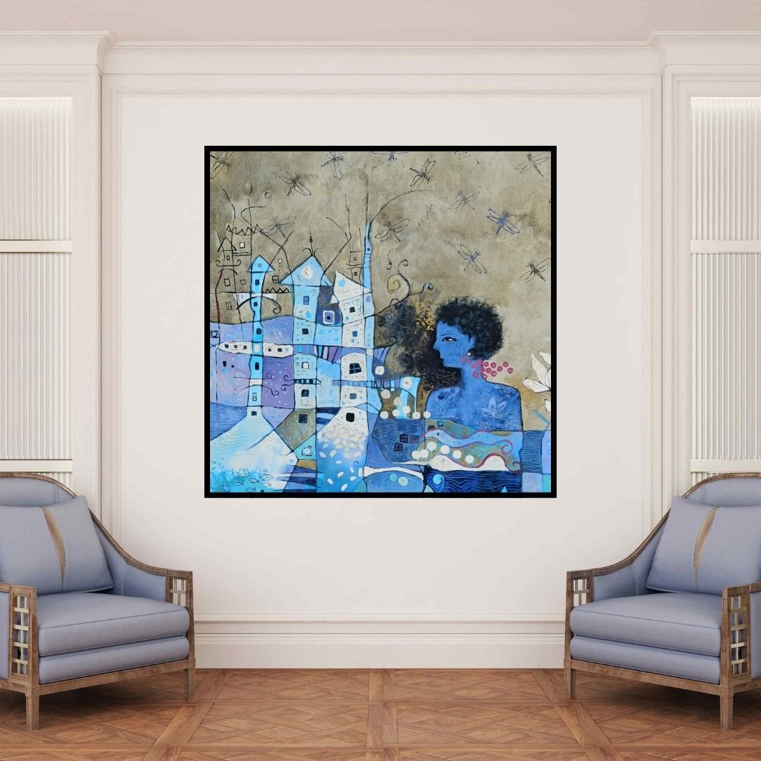 In-situ view of Bhavana Sonawane's 'On The Other Side Of The River Bank (Dragonfly Dreams)' painting in a room