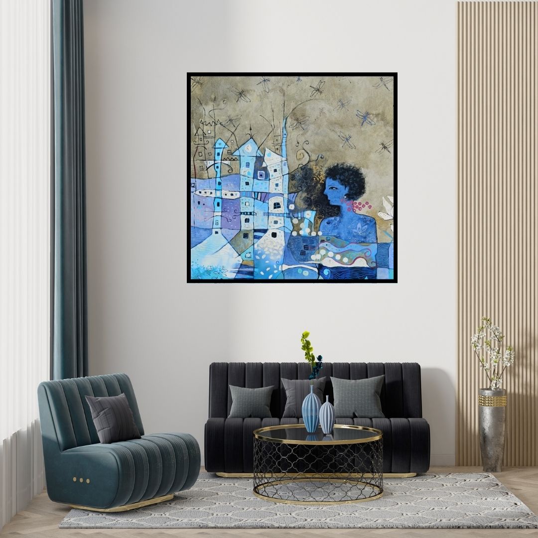 Preview of 'On The Other Side Of The River Bank (Dragonfly Dreams)' Painting by Bhavana Sonawane shown on a wall in a furnished room.