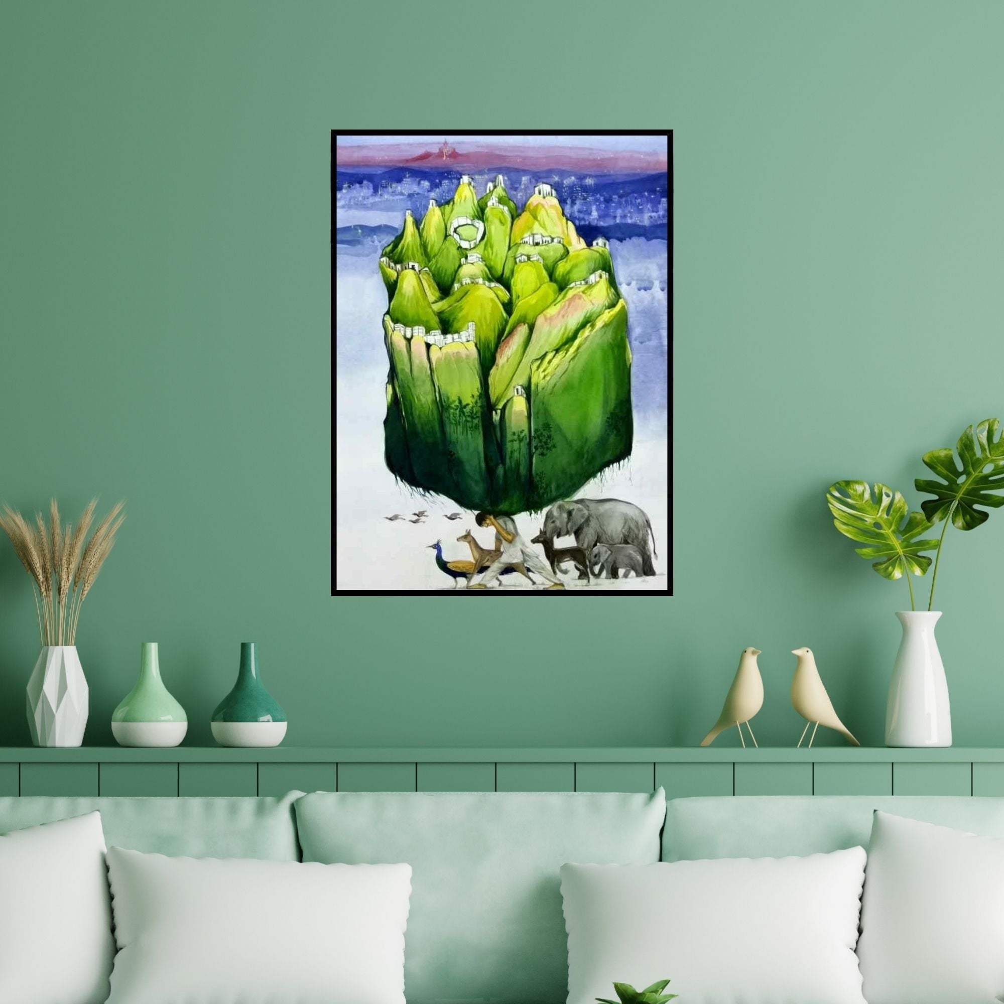 Preview of 'Our Piece Of Land (The Weight of the World)' Painting by Sunil Lohar shown on a wall in a furnished room.