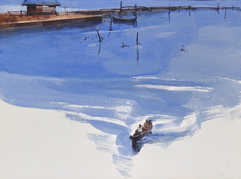 Out Of Backwater Blues' seascape watercolor painting by artist Prashant Prabhu, 18x24 inch, on archival paper