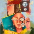 Out Of The Box' figurative mixed-media painting by artist Deepali Mundra, 30x24 inch, on canvas