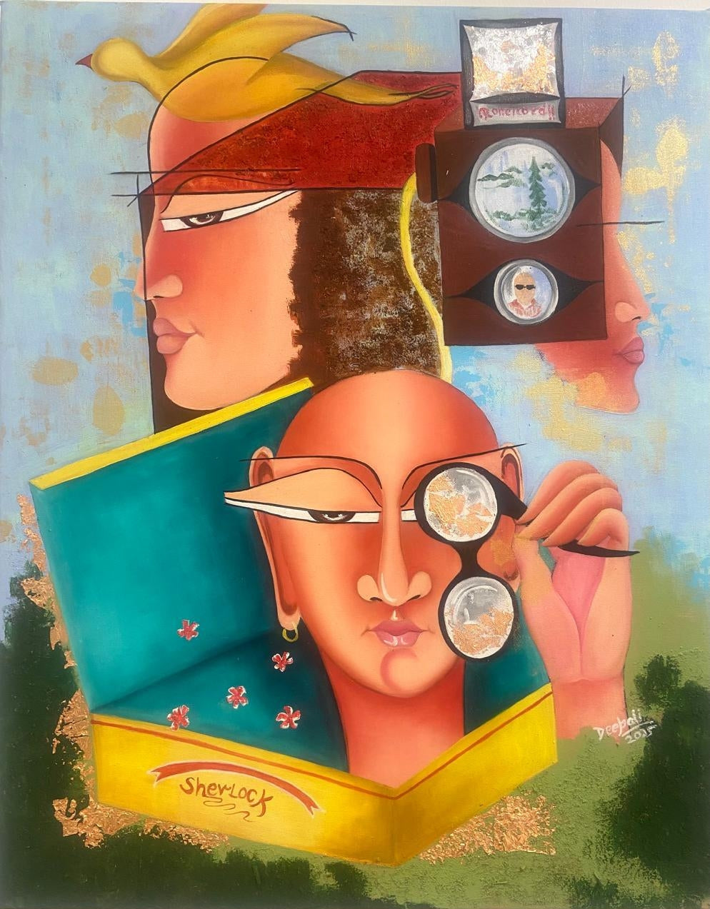 Out Of The Box' figurative mixed-media painting by artist Deepali Mundra, 30x24 inch, on canvas