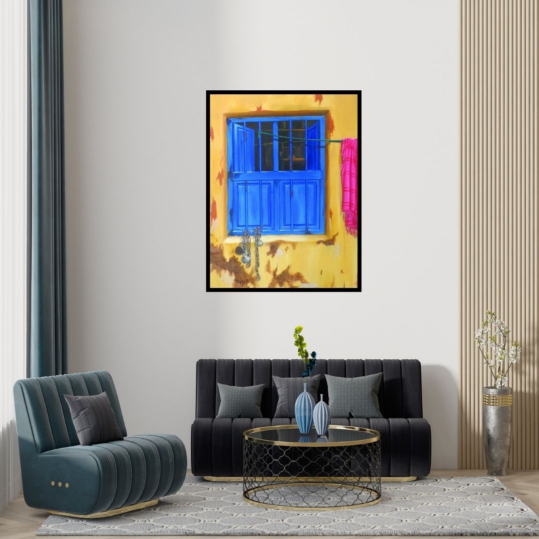 Preview of 'Outdated (Glimpse of Life)' Painting by Divya Chinni shown on a wall in a furnished room.