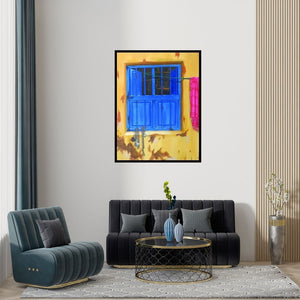 Preview of 'Outdated (Glimpse of Life)' Painting by Divya Chinni shown on a wall in a furnished room.