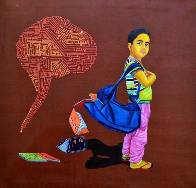 contemporary acrylic oil painting titled 'Over Development', 21x21 inches, by artist Jitendra Saini on Canvas