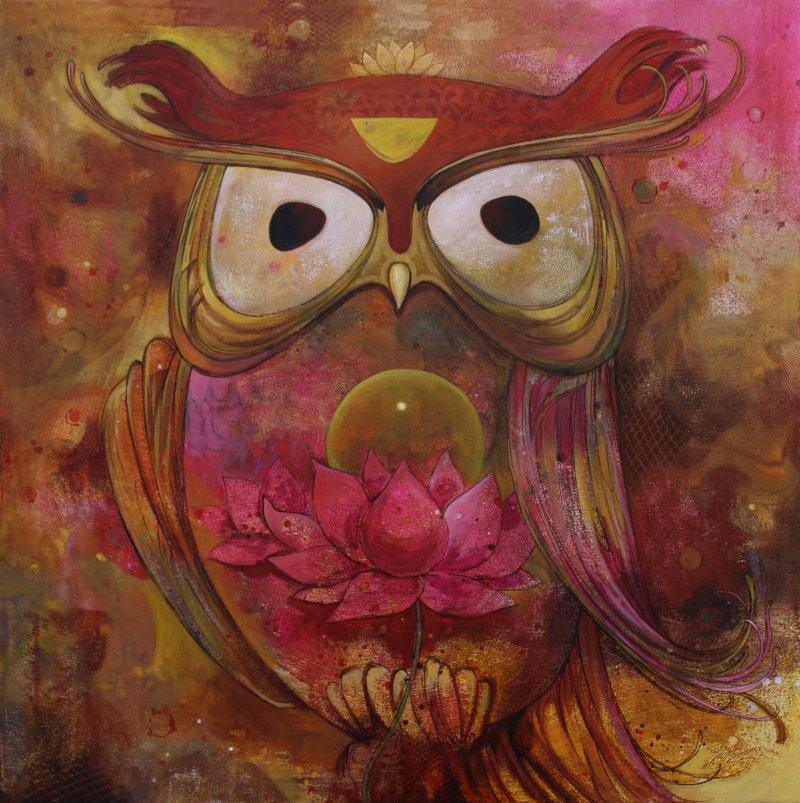 Animals acrylic painting titled 'Owl 2', 24x24 inches, by artist Rajeshwar Nyalapalli on Canvas