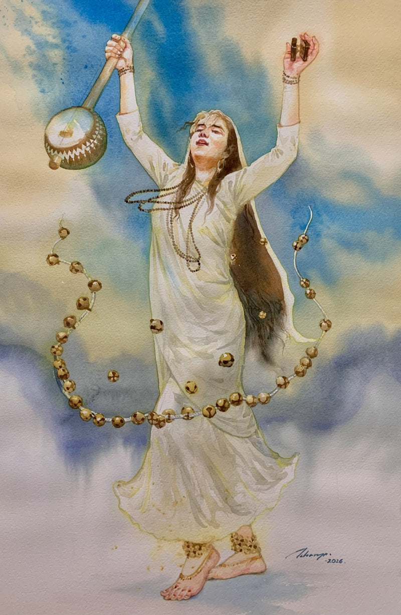 Pag Ghungroo Band' religious watercolor painting by artist Abhisarika Nayika, 21x15 inch, on paper