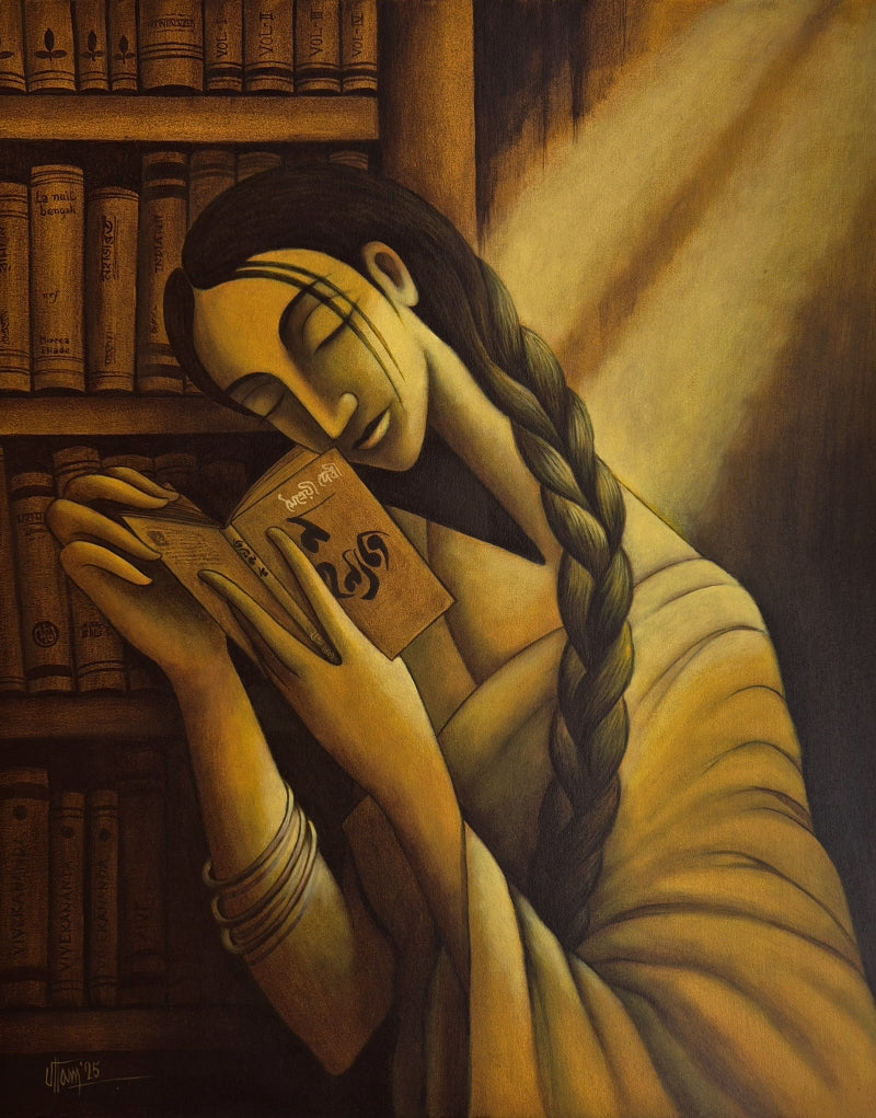 'Pages Of Dreams' figurative acrylic painting by artist Uttam Bhattacharya, 30x24 inch, on canvas