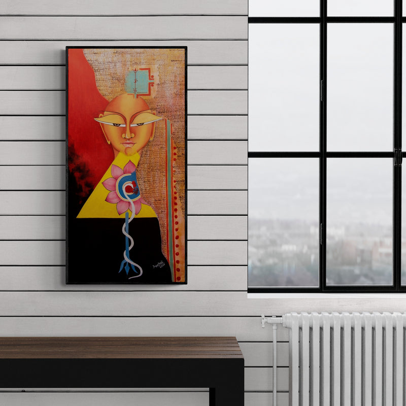 Preview of 'Me And Myself (The Inner Journey)' Painting by Deepali Mundra shown on a wall in a furnished room.