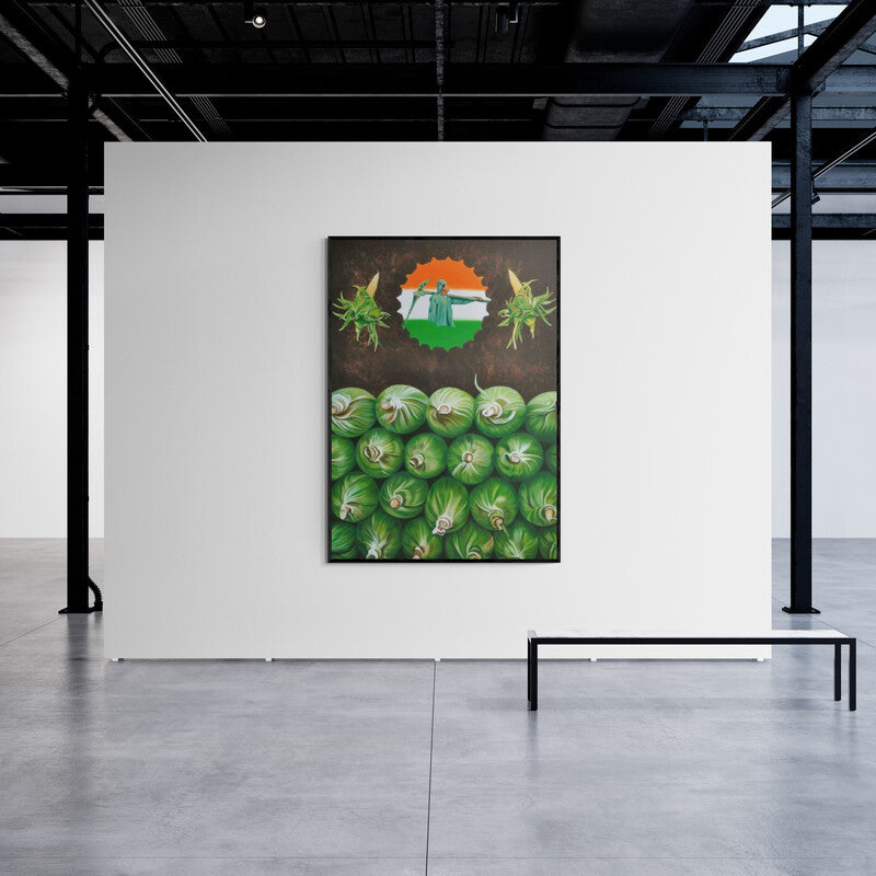 Bhavesh Patel's painting 'Paisa (Fields of Plenty)' displayed in a modern living room setting