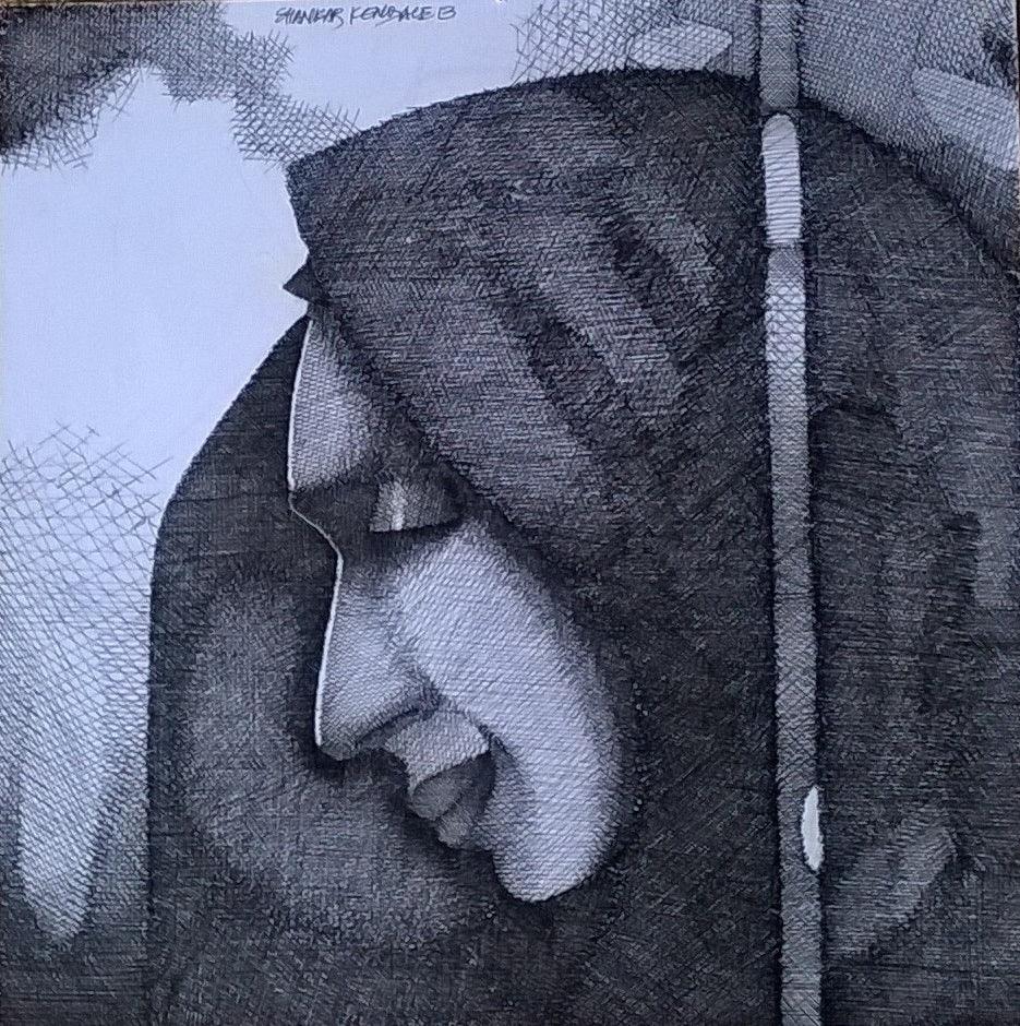 Figurative pen ink drawing titled 'Palloo', 14x14 inches, by artist SHANKAR KENDALE on Paper