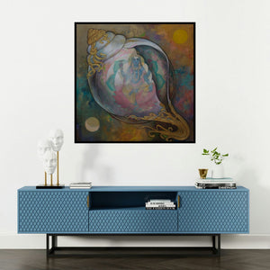 'Panchajanyam (Vishnu Conch Revelation)' painting by N P Rajeshwarr shown on a wall in a furnished room.