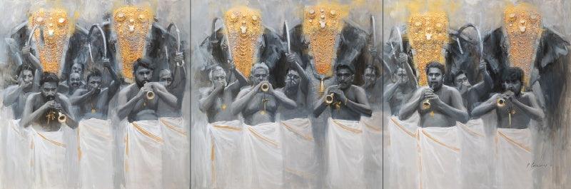 Figurative acrylic painting titled 'Panchari Melam', 48x144 inches, by artist Pankaj Bawdekar on Canvas