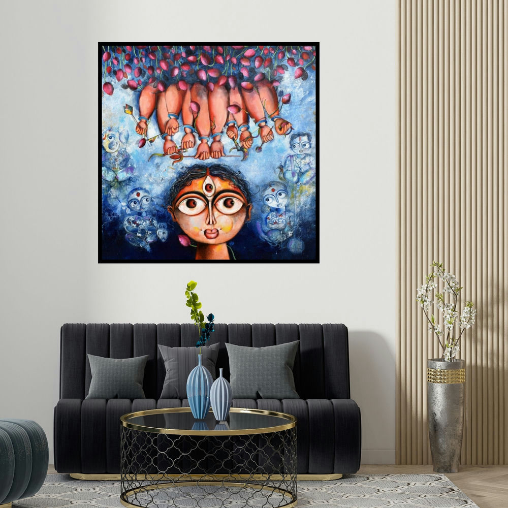 Sharmi Dey's 'Panchatatava (Beneath the Canopy of Blooms)' painting visualized above a sofa in a contemporary room.